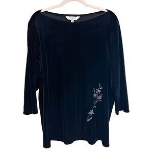 Vintage Black Velvet Boat Neck Top Womens  1X 3/4 Sleeve Embroidered Floral